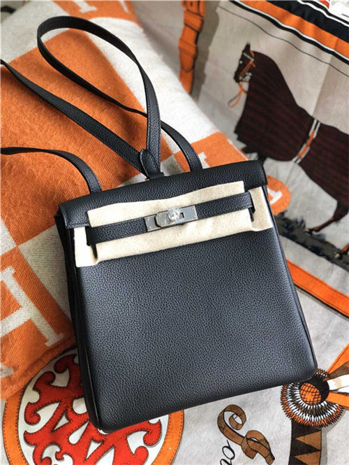 Hermes Kelly Ado PM Backpack Togo Leather WAX In Black Silver-Metal High