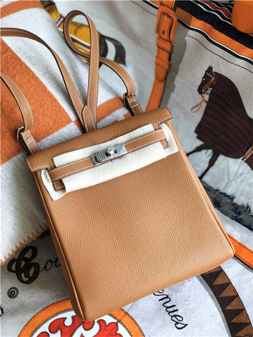 Hermes Kelly Ado PM Backpack Togo Leather WAX In Camel Silver-Metal High