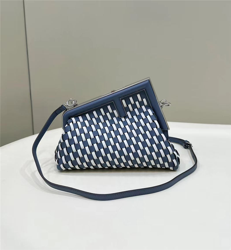 Fendi First Small Braided Leather Bag Blue/White Silver-Metal High