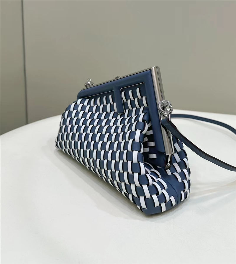 Fendi First Small Braided Leather Bag Blue/White Silver-Metal High