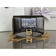 WOMEN'S HOURGLASS WALLET ON CHAIN IN Shiny Crocodile Embossed Black-Gold High