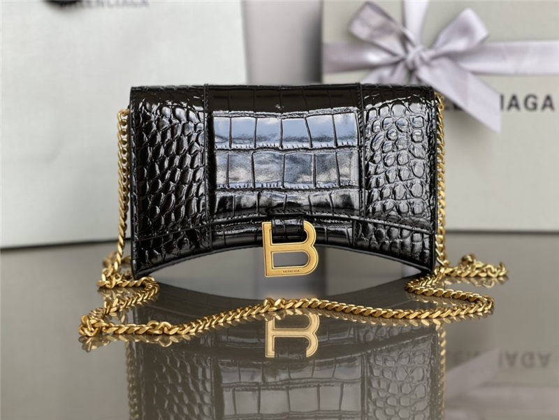 WOMEN'S HOURGLASS WALLET ON CHAIN IN Shiny Crocodile Embossed Black-Gold High