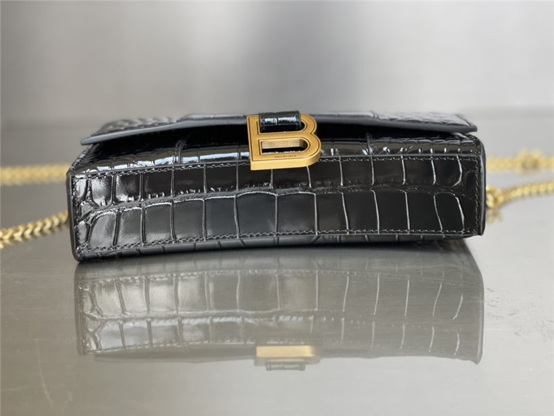 WOMEN'S HOURGLASS WALLET ON CHAIN IN Shiny Crocodile Embossed Black-Gold High