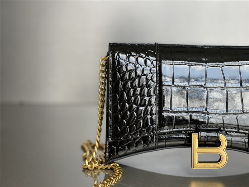 WOMEN'S HOURGLASS WALLET ON CHAIN IN Shiny Crocodile Embossed Black-Gold High