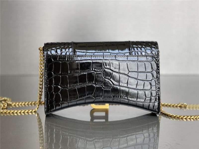 WOMEN'S HOURGLASS WALLET ON CHAIN IN Shiny Crocodile Embossed Black-Gold High