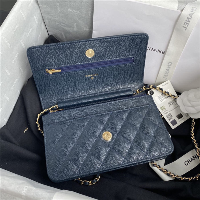 Classic Wallet on Chain AP0250 Grained Calfskin Navy Blue Gold Metal A