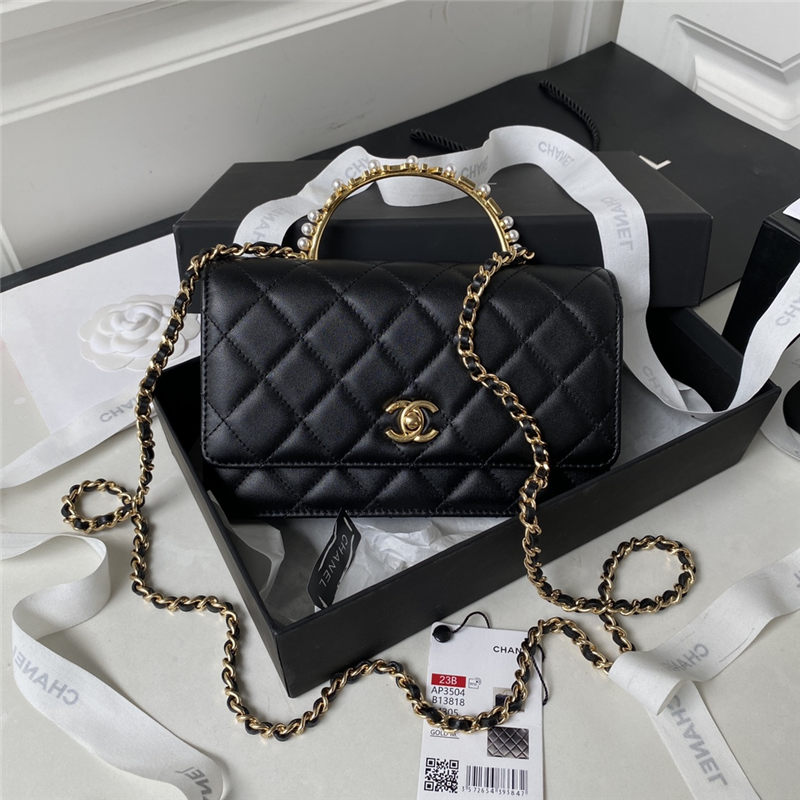 Chanel Wallet on Chain AP3504 Lambskin, Imitation Pearls, Strass & Gold-Tone Metal Black A