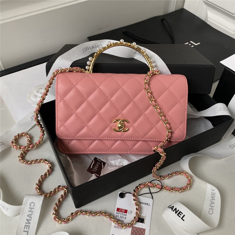 Chanel Wallet on Chain AP3504 Lambskin, Imitation Pearls, Enamel & Gold-Tone Metal Pink A