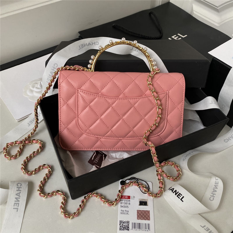 Chanel Wallet on Chain AP3504 Lambskin, Imitation Pearls, Enamel & Gold-Tone Metal Pink A