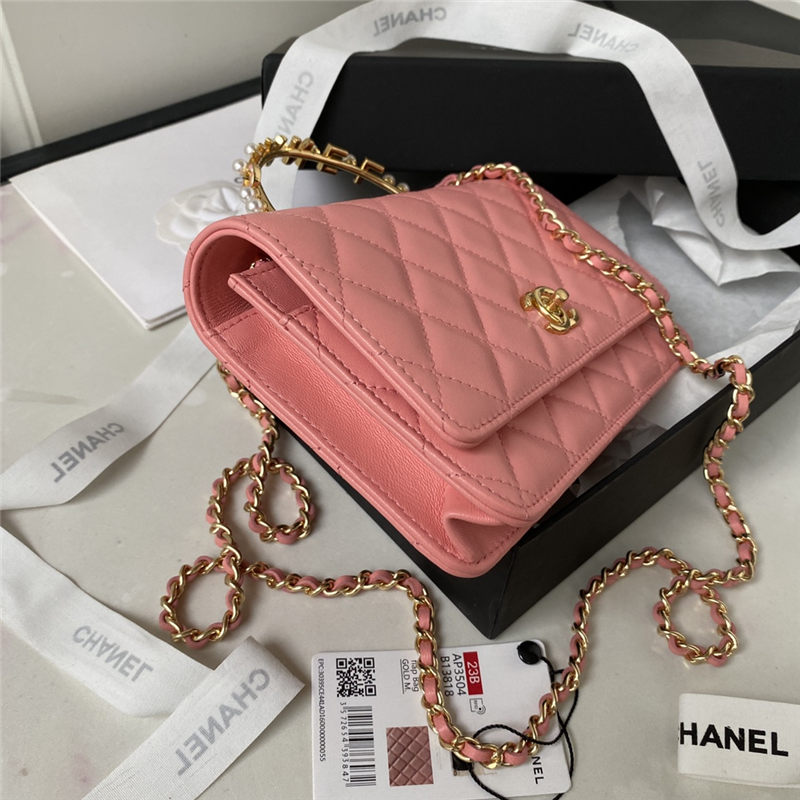 Chanel Wallet on Chain AP3504 Lambskin, Imitation Pearls, Enamel & Gold-Tone Metal Pink A