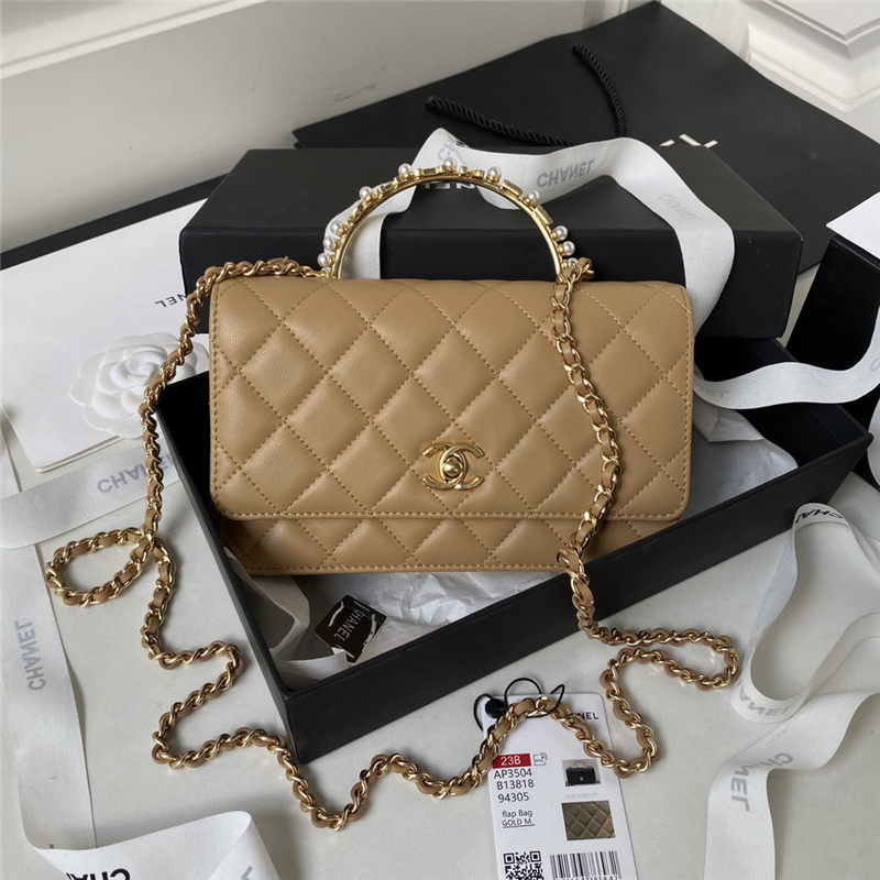 Chanel Wallet on Chain AP3504 Lambskin, Imitation Pearls, Strass & Gold-Tone Metal Beige A