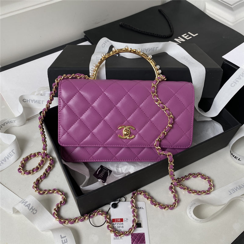 Chanel Wallet on Chain AP3504 Lambskin, Imitation Pearls, Strass & Gold-Tone Metal Fuchsia A