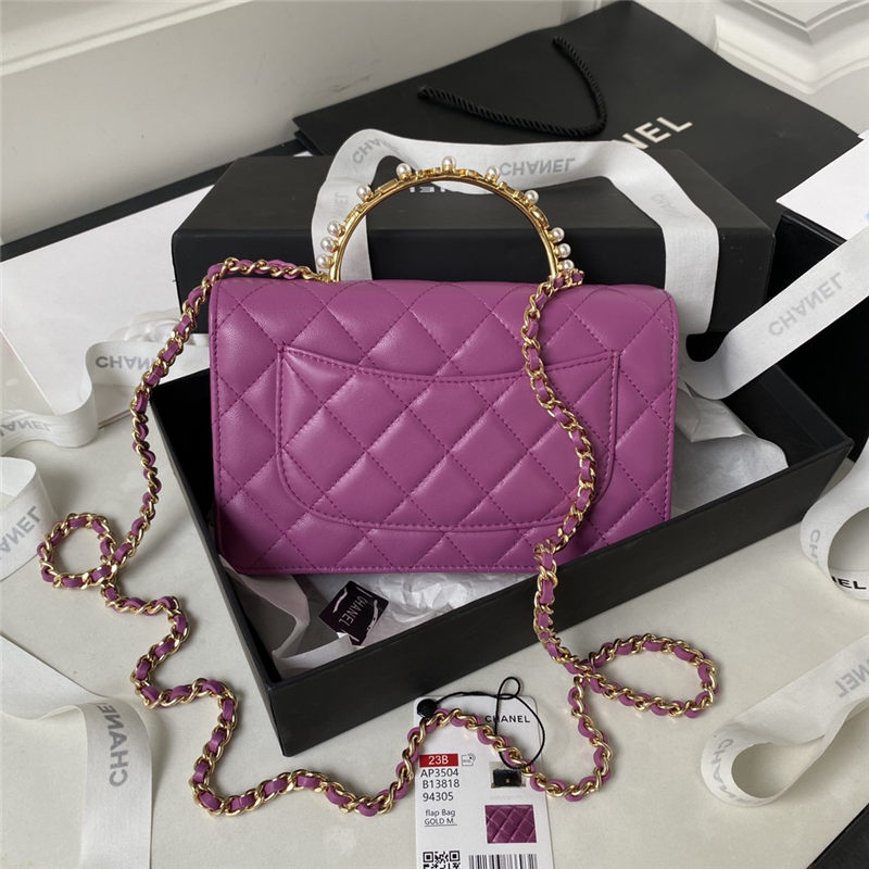 Chanel Wallet on Chain AP3504 Lambskin, Imitation Pearls, Strass & Gold-Tone Metal Fuchsia A