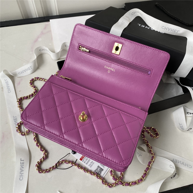 Chanel Wallet on Chain AP3504 Lambskin, Imitation Pearls, Strass & Gold-Tone Metal Fuchsia A