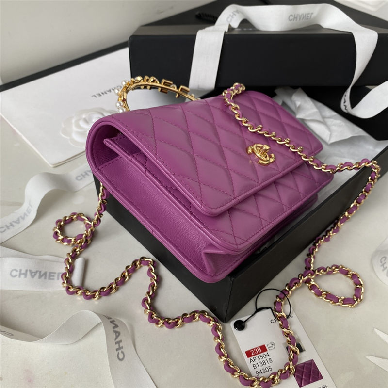 Chanel Wallet on Chain AP3504 Lambskin, Imitation Pearls, Strass & Gold-Tone Metal Fuchsia A