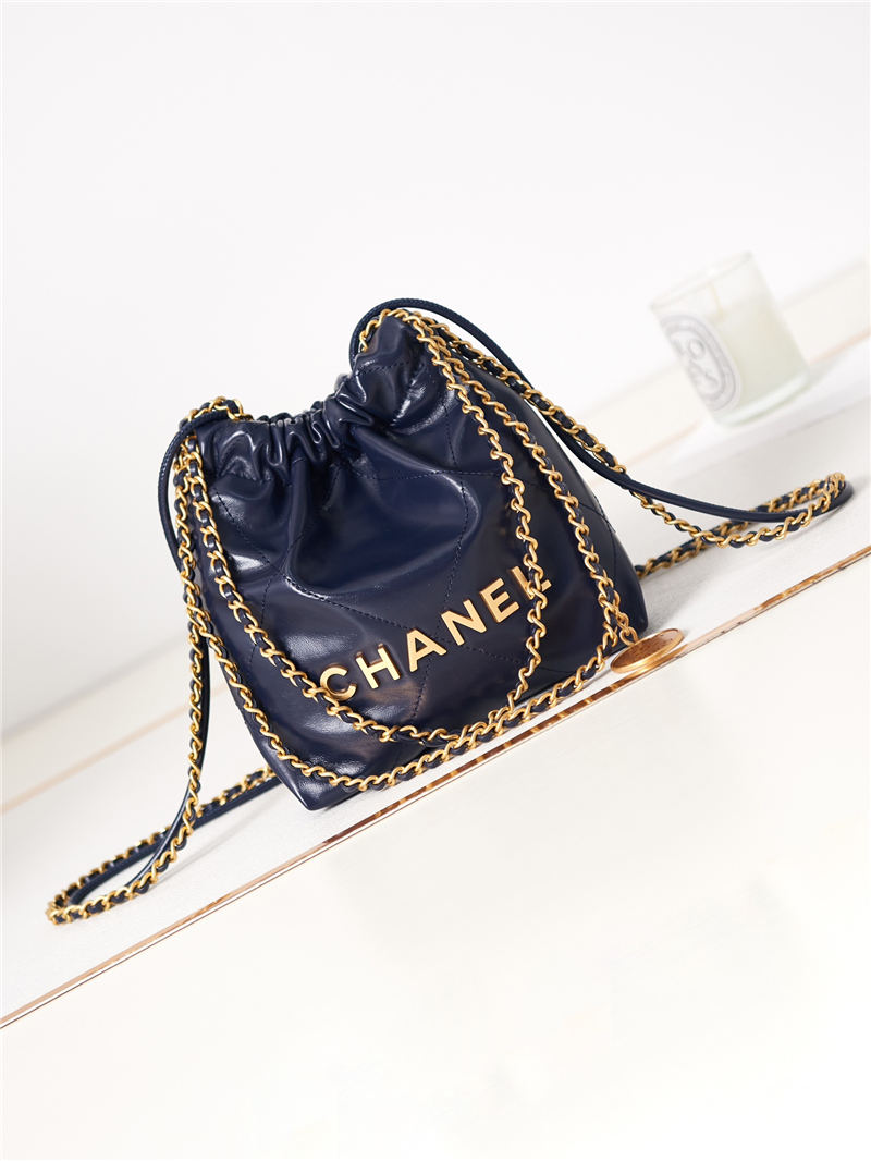 Chanel 22 MINI HANDBAG Shiny Calfskin Navy & Gold-Tone Metal AS3980 High