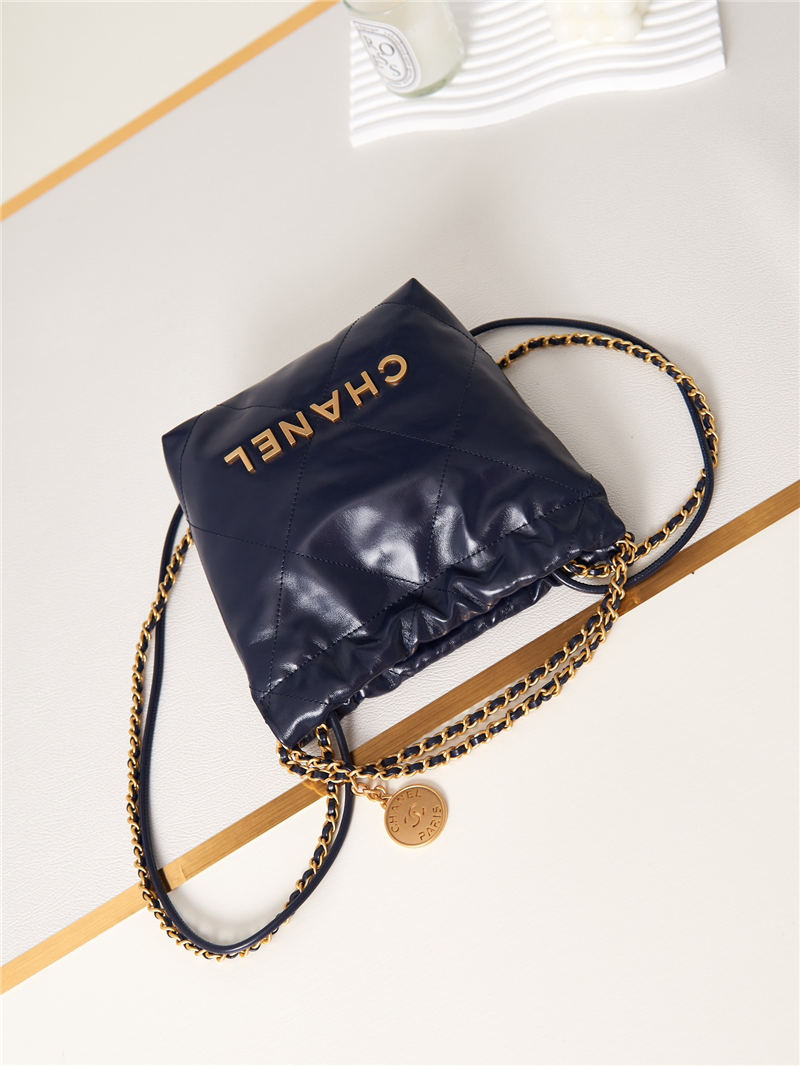 Chanel 22 MINI HANDBAG Shiny Calfskin Navy & Gold-Tone Metal AS3980 High