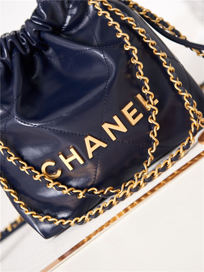 Chanel 22 MINI HANDBAG Shiny Calfskin Navy & Gold-Tone Metal AS3980 High