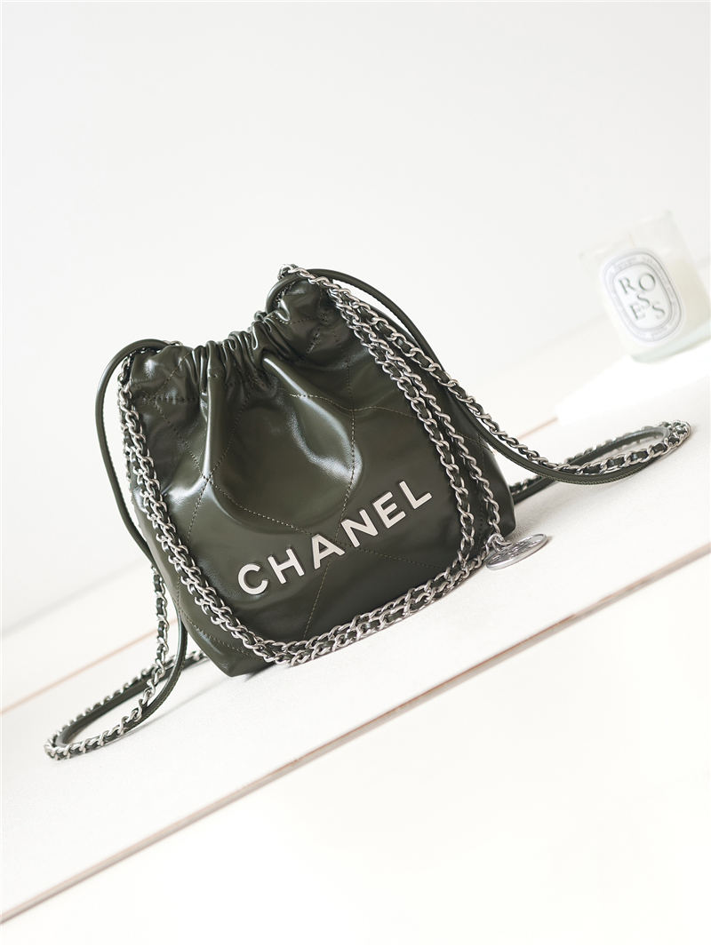 Chanel 22 MINI HANDBAG Shiny Calfskin Olive & Silver-Tone Metal AS3980 High