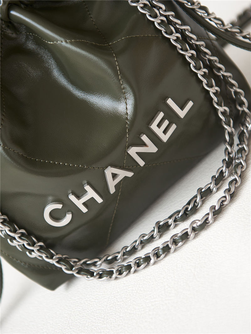 Chanel 22 MINI HANDBAG Shiny Calfskin Olive & Silver-Tone Metal AS3980 High