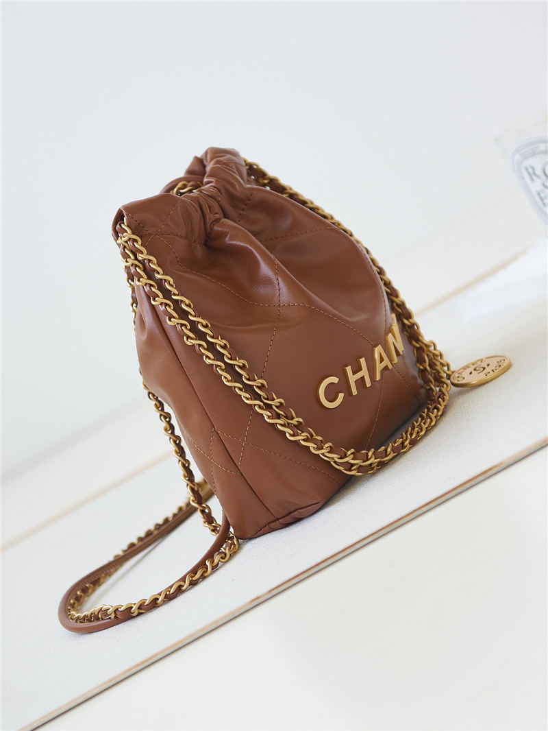 Chanel 22 MINI HANDBAG Shiny Calfskin Tan & Gold-Tone Metal AS3980 High