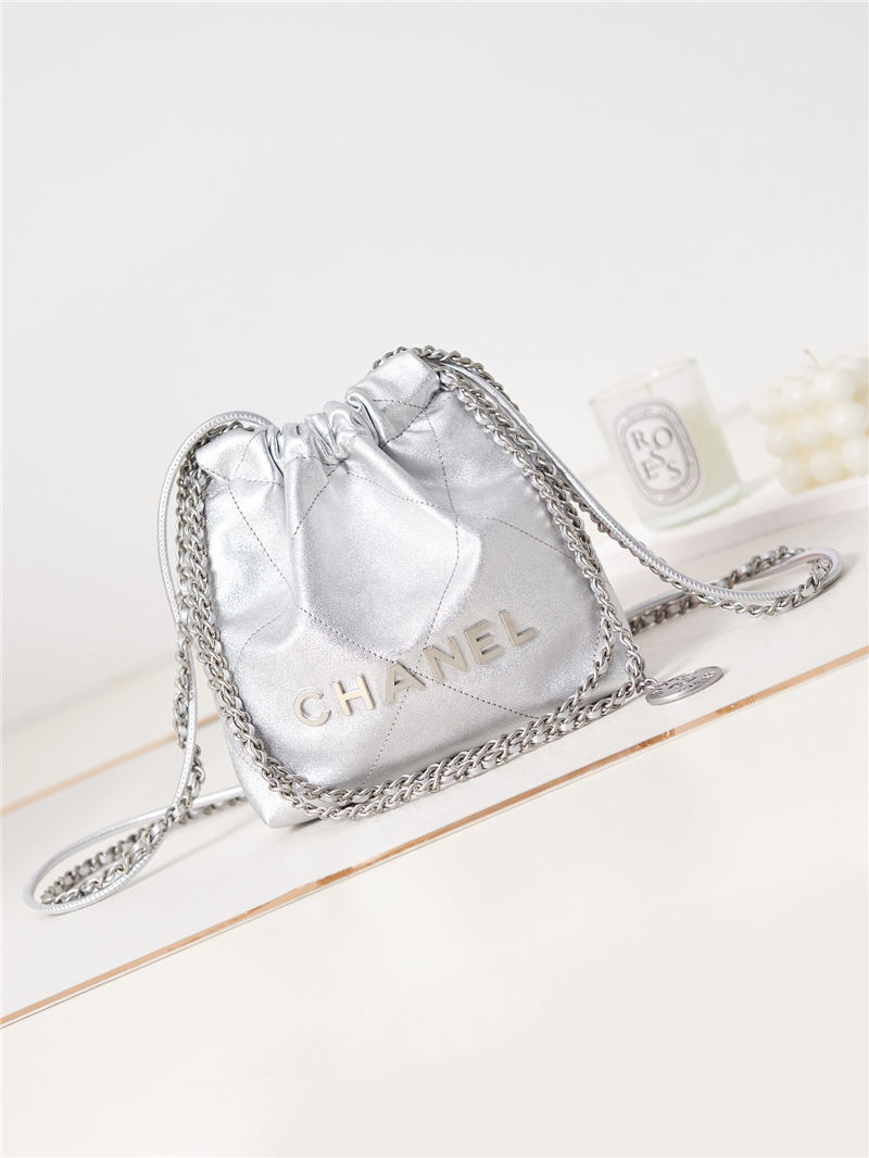 Chanel 22 MINI HANDBAG Shiny Calfskin Silver & Silver-Tone Metal AS3980 High