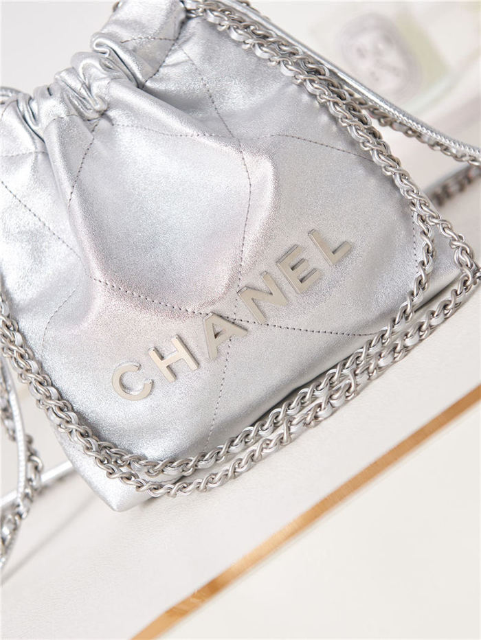 Chanel 22 MINI HANDBAG Shiny Calfskin Silver & Silver-Tone Metal AS3980 High