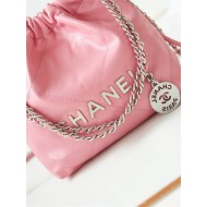 Chanel 22 MINI HANDBAG Shiny Calfskin Pink-Peach & Silver-Tone Metal AS3980 High