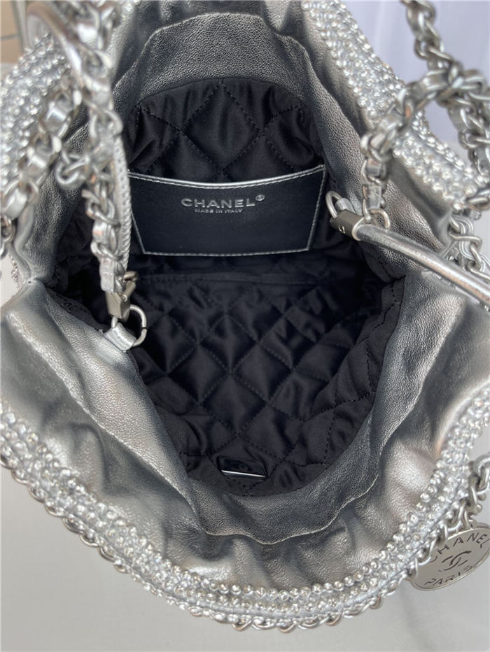 Chanel 22 MINI HANDBAG Shiny Calfskin Silver(diamonds) & Silver-Tone Metal AS3980 High