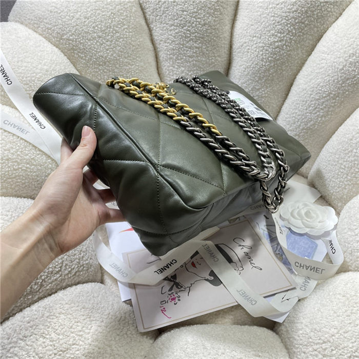 Chanel 19 SHOPPING BAG Shiny Lambskin, Gold-Tone, Silver-Tone & Ruthenium-Finish Metal AS3660 Olive High