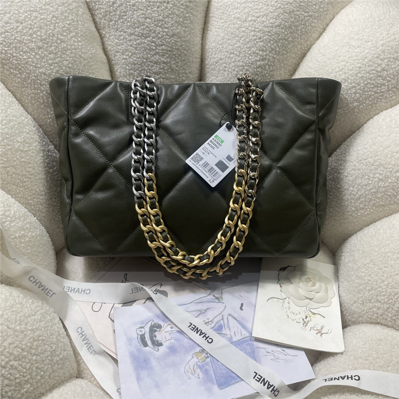 Chanel 19 SHOPPING BAG Shiny Lambskin, Gold-Tone, Silver-Tone & Ruthenium-Finish Metal AS3660 Olive High