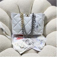 Chanel 19 SHOPPING BAG Shiny Lambskin, Gold-Tone, Silver-Tone & Ruthenium-Finish Metal AS3660 White High