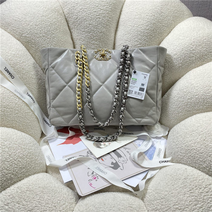 Chanel 19 SHOPPING BAG Shiny Lambskin, Gold-Tone, Silver-Tone & Ruthenium-Finish Metal AS3660 Grey High