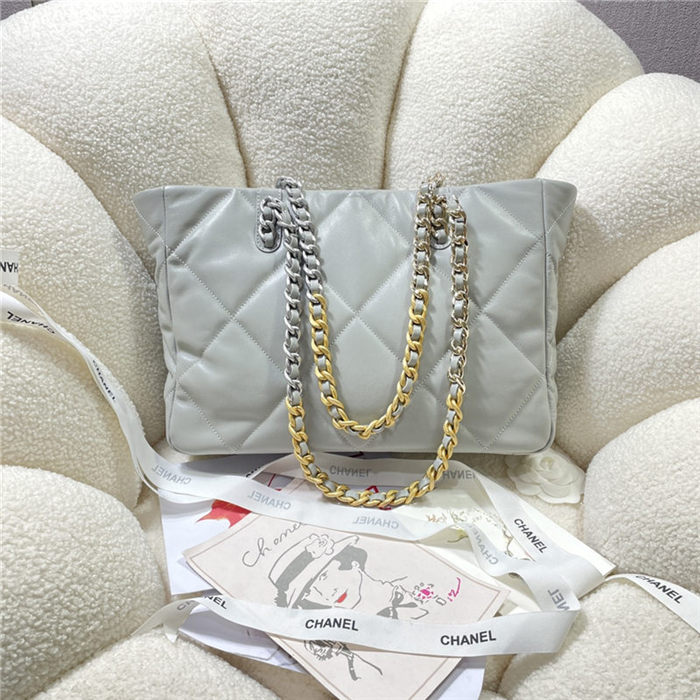 Chanel 19 SHOPPING BAG Shiny Lambskin, Gold-Tone, Silver-Tone & Ruthenium-Finish Metal AS3660 Grey High