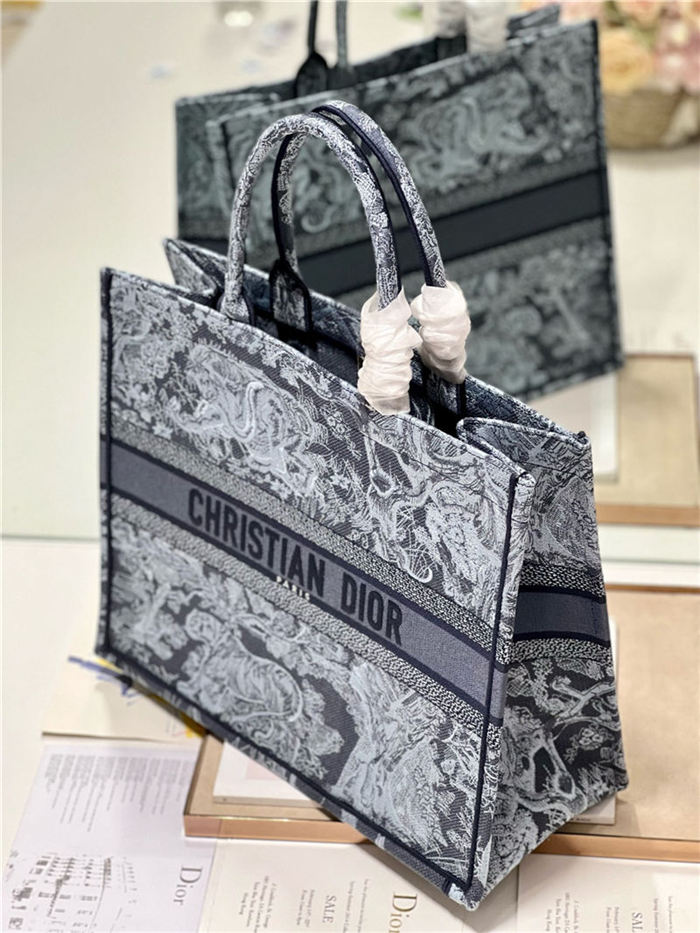 LARGE Dior BOOK TOTE Toile de Jouy Embroidery Denim Blue High