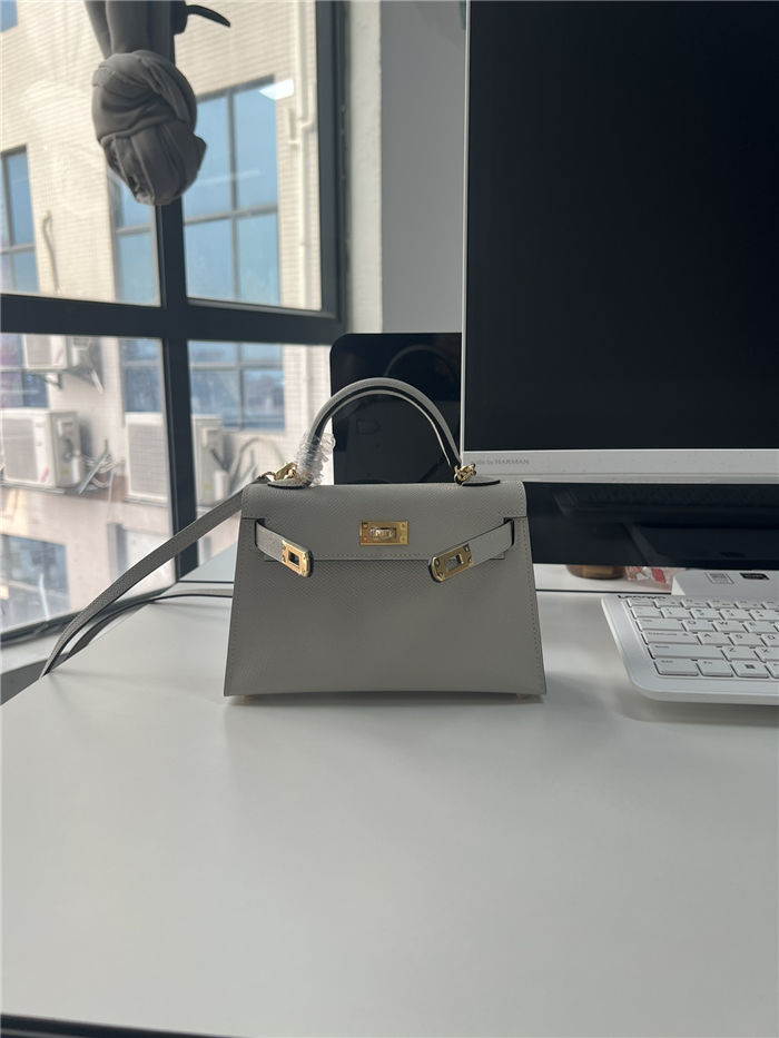 Hermes Kelly Mini II Bag Epsom Leather WAX Silver/Gold Metal Pearl Gray High