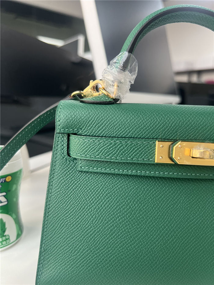 Hermes Kelly Mini II Bag Epsom Leather WAX Silver/Gold Metal Malachite High