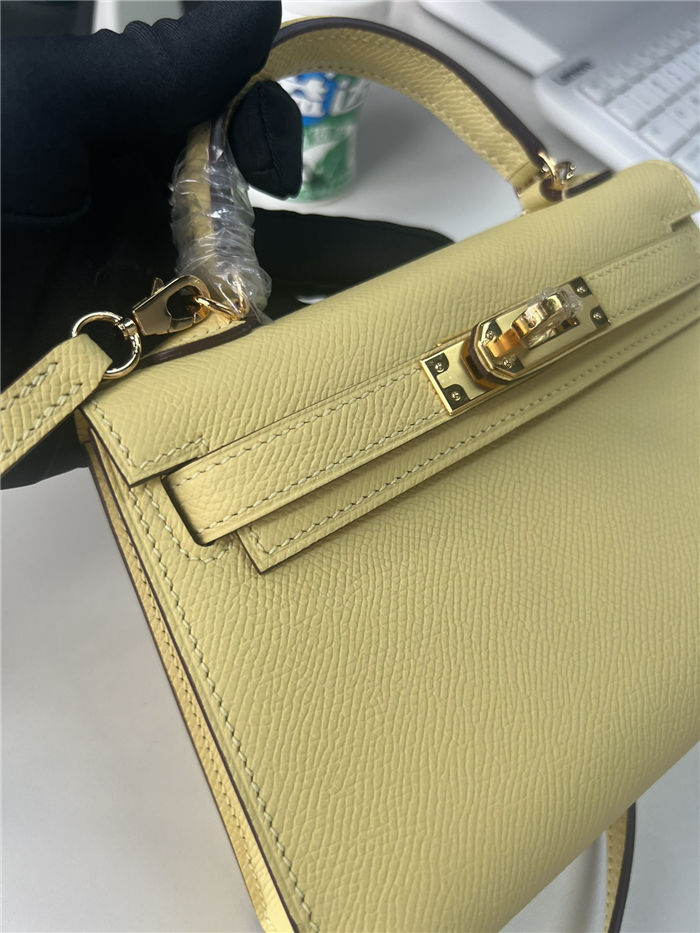 Hermes Kelly Mini II Bag Epsom Leather WAX Silver/Gold Metal Jaune Poussin High