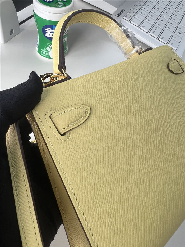 Hermes Kelly Mini II Bag Epsom Leather WAX Silver/Gold Metal Jaune Poussin High