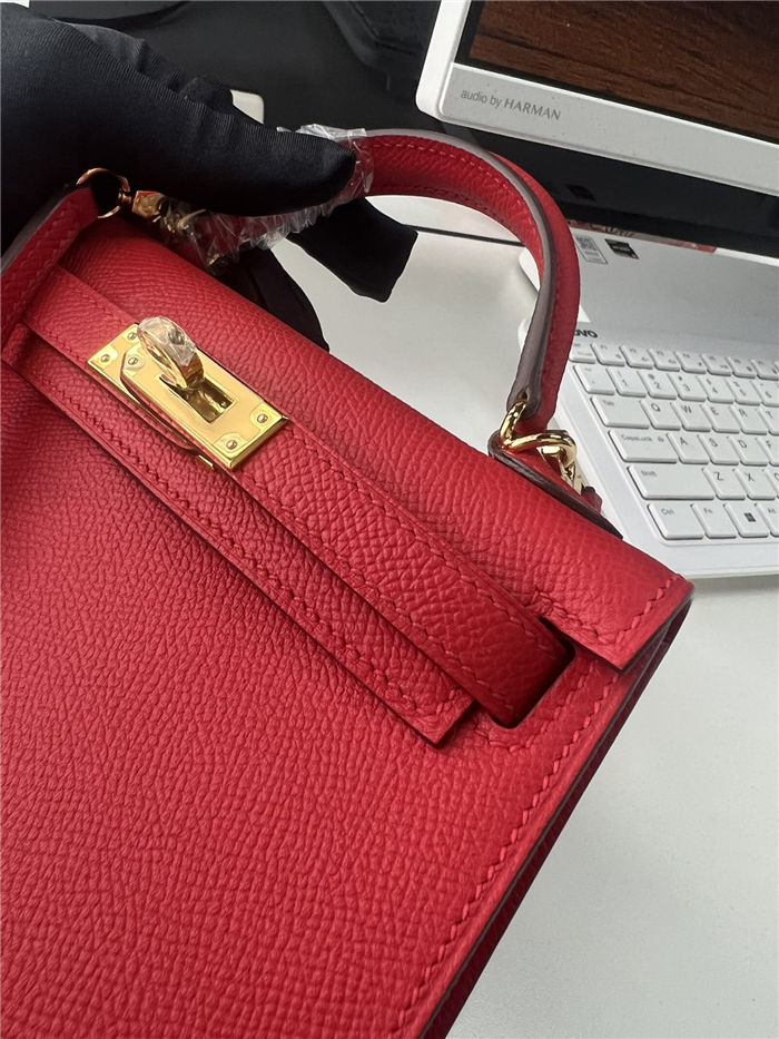 Hermes Kelly Mini II Bag Epsom Leather WAX Silver/Gold Metal Rouge H High