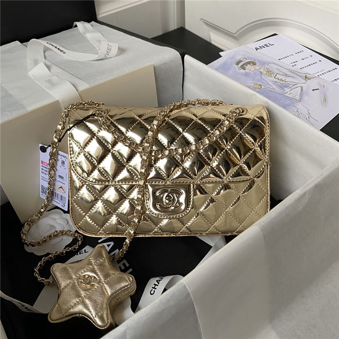 Chanel FLAP BAG & STAR COIN PURSE AS4648 Mirror Calfskin, Metallic Calfskin & Gold-Tone Metal Gold A