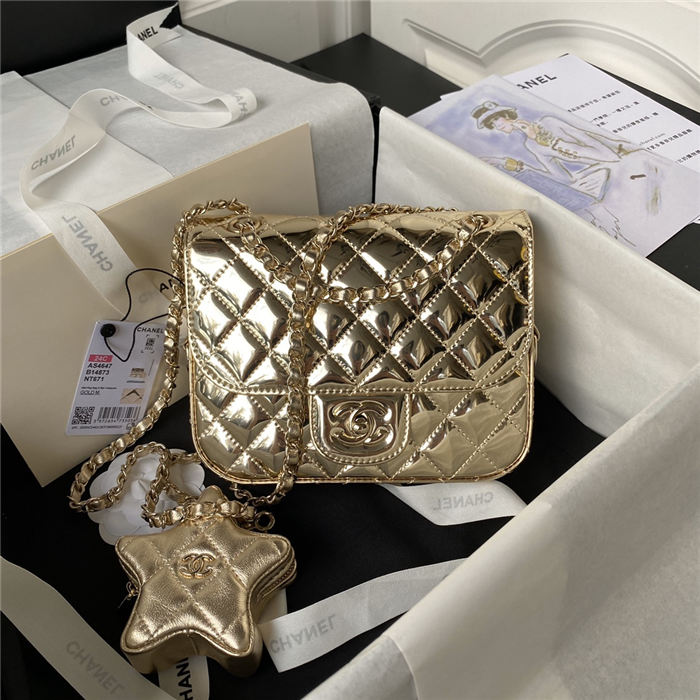 Chanel MINI FLAP BAG & STAR COIN PURSE AS4647 Mirror Calfskin, Metallic Calfskin & Gold-Tone Metal Gold A