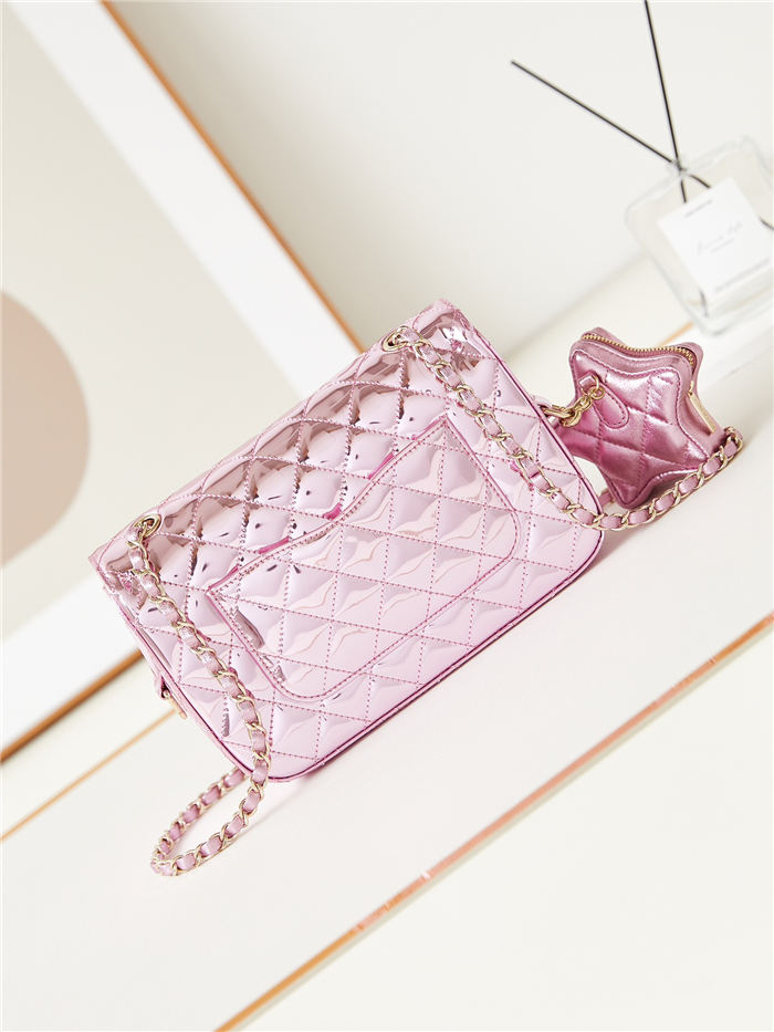 Chanel FLAP BAG & STAR COIN PURSE AS4648 Mirror Calfskin, Metallic Calfskin & Gold-Tone Metal Pink A