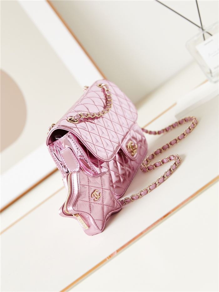 Chanel FLAP BAG & STAR COIN PURSE AS4648 Mirror Calfskin, Metallic Calfskin & Gold-Tone Metal Pink A