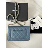 Classic Wallet on Chain A33814 Smaller-Grained Calfskin Gold/Silver Metal Blue B