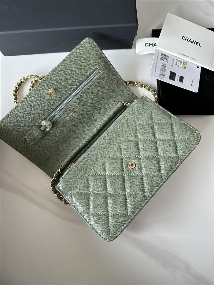 Classic Wallet on Chain A33814 Smaller-Grained Calfskin Gold/Silver Metal Green A