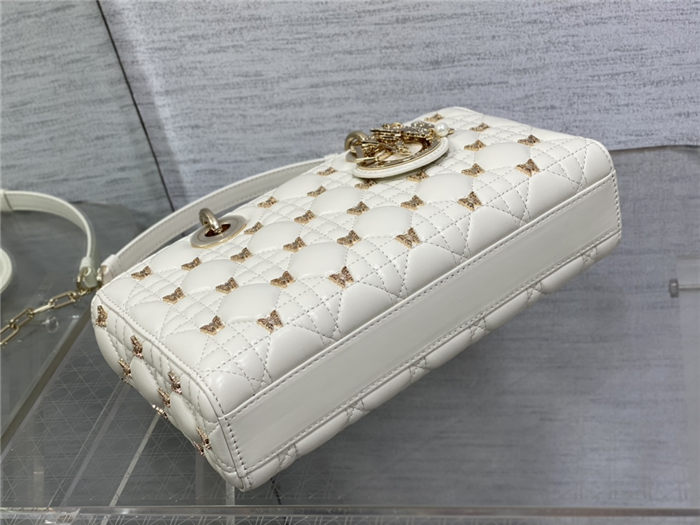 LADY D-JOY BAG MEDIUM Cannage Lambskin with Gold-Finish Butterfly Studs White High