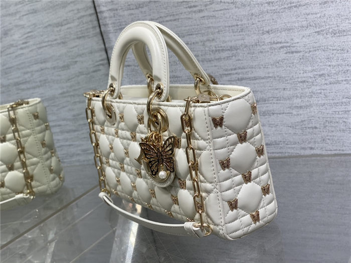 LADY D-JOY BAG MEDIUM Cannage Lambskin with Gold-Finish Butterfly Studs White High