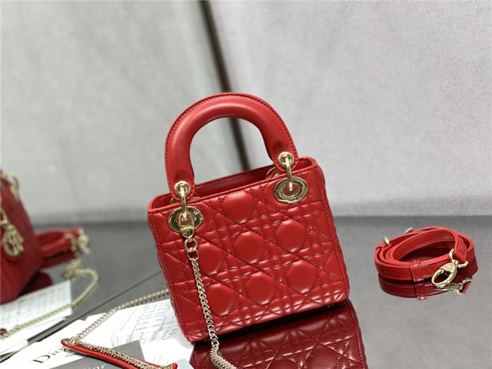 MINI LADY Dior BAG Cannage Lambskin Gold Metal Red High