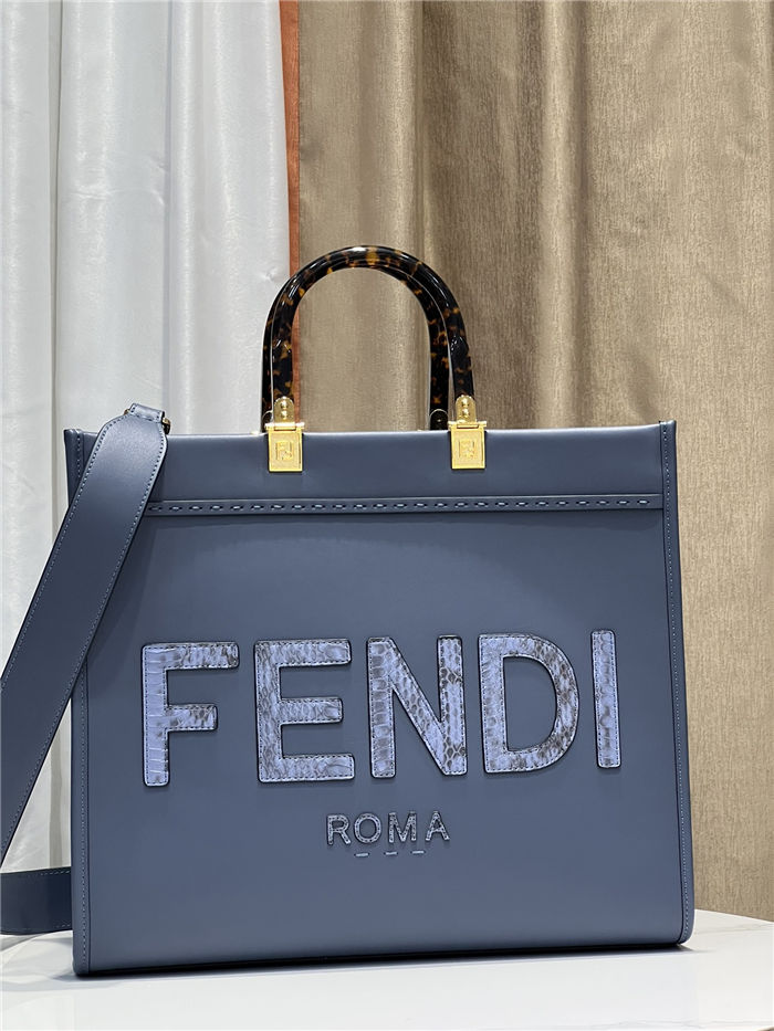 MEDIUM Fendi SUNSHINE Leather & Elaphe Shopper Blue High